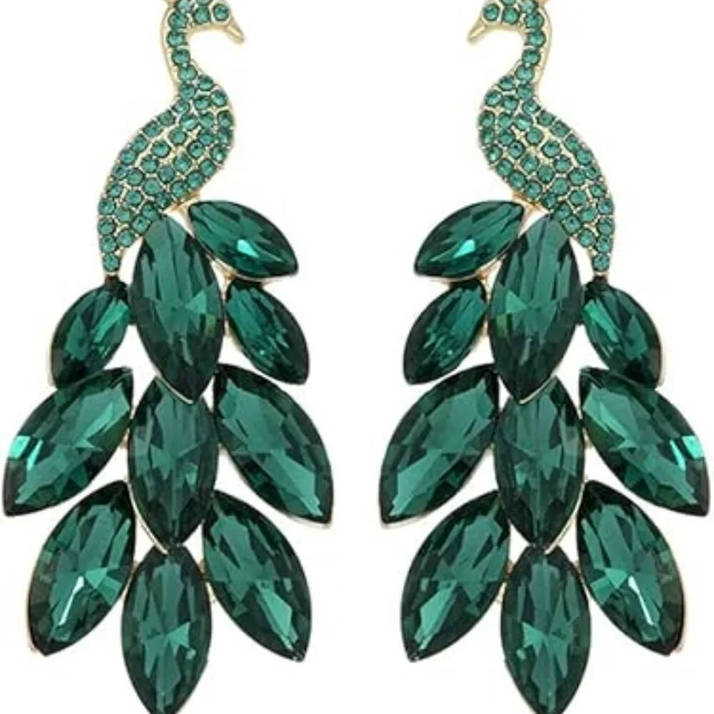 Peacock Dangle Earrings 14K Gold Plated Multicolors Crystal Feather